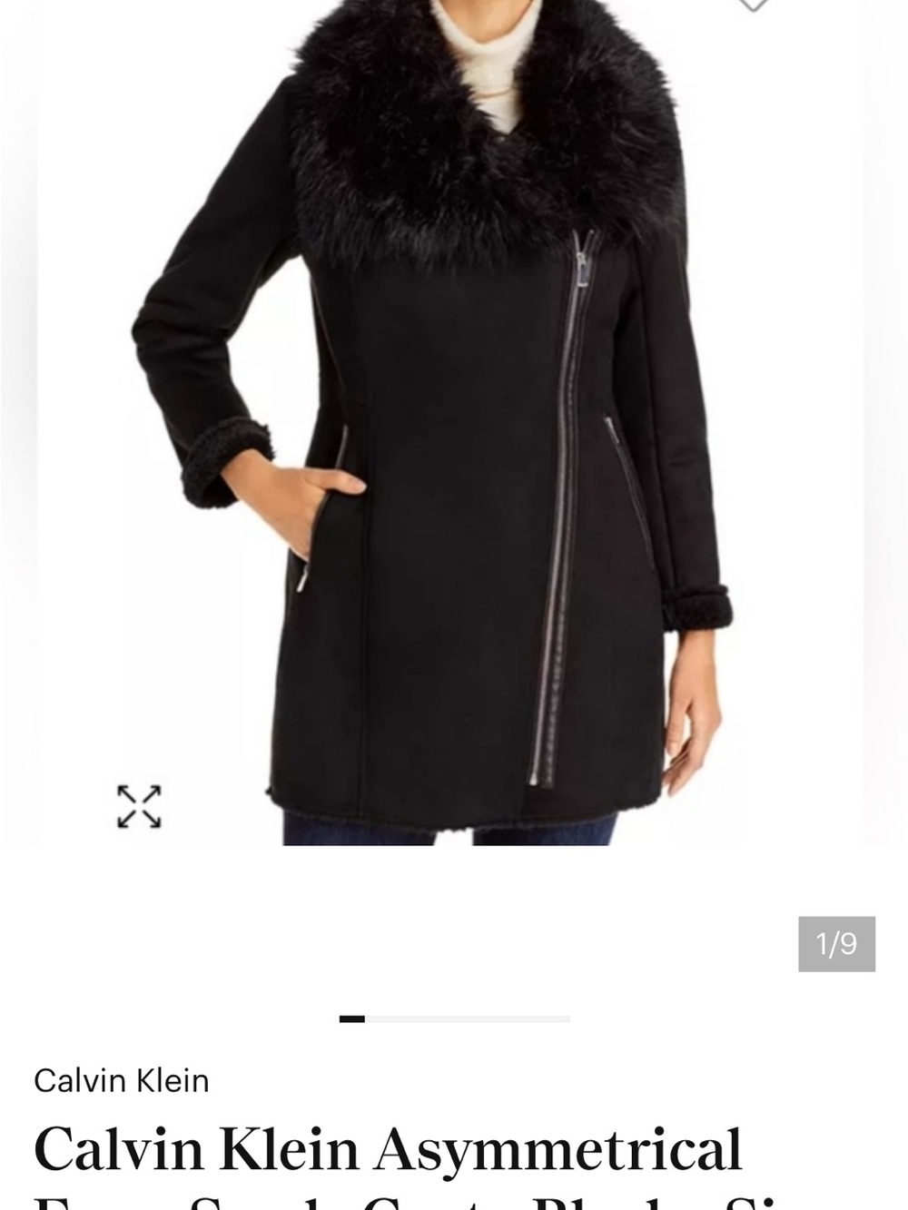 Calvin Klein Black Asymmetrical Coat with Faux-Fur Collar